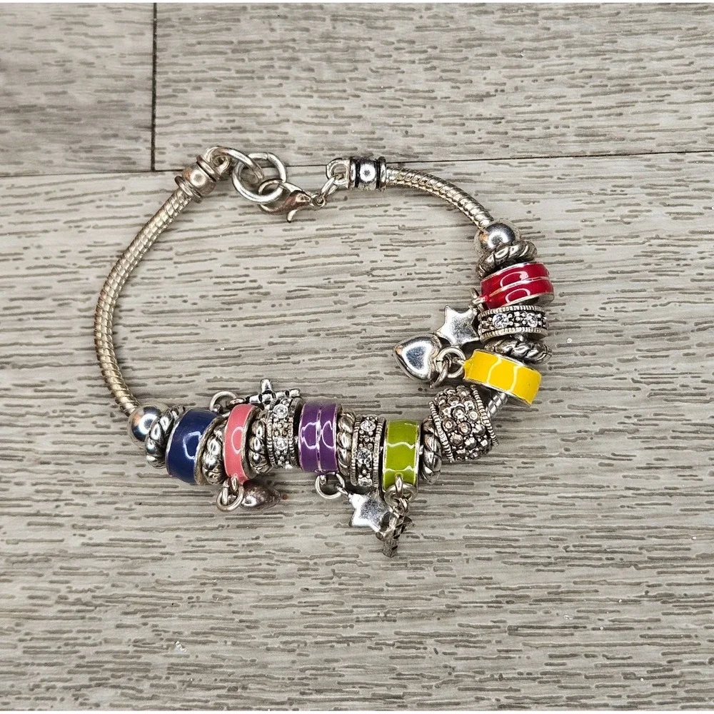 Colorful enamelCharm Bead Bracelet Silver Tone Heart Cross Star 8 Inch
